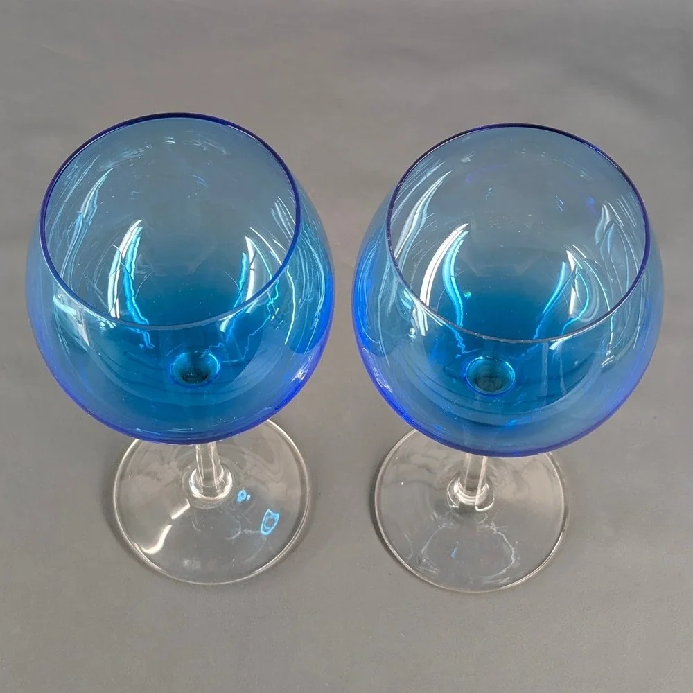 Set of 2 Blue Balloon Wine Glasses Clear Stem 8.75